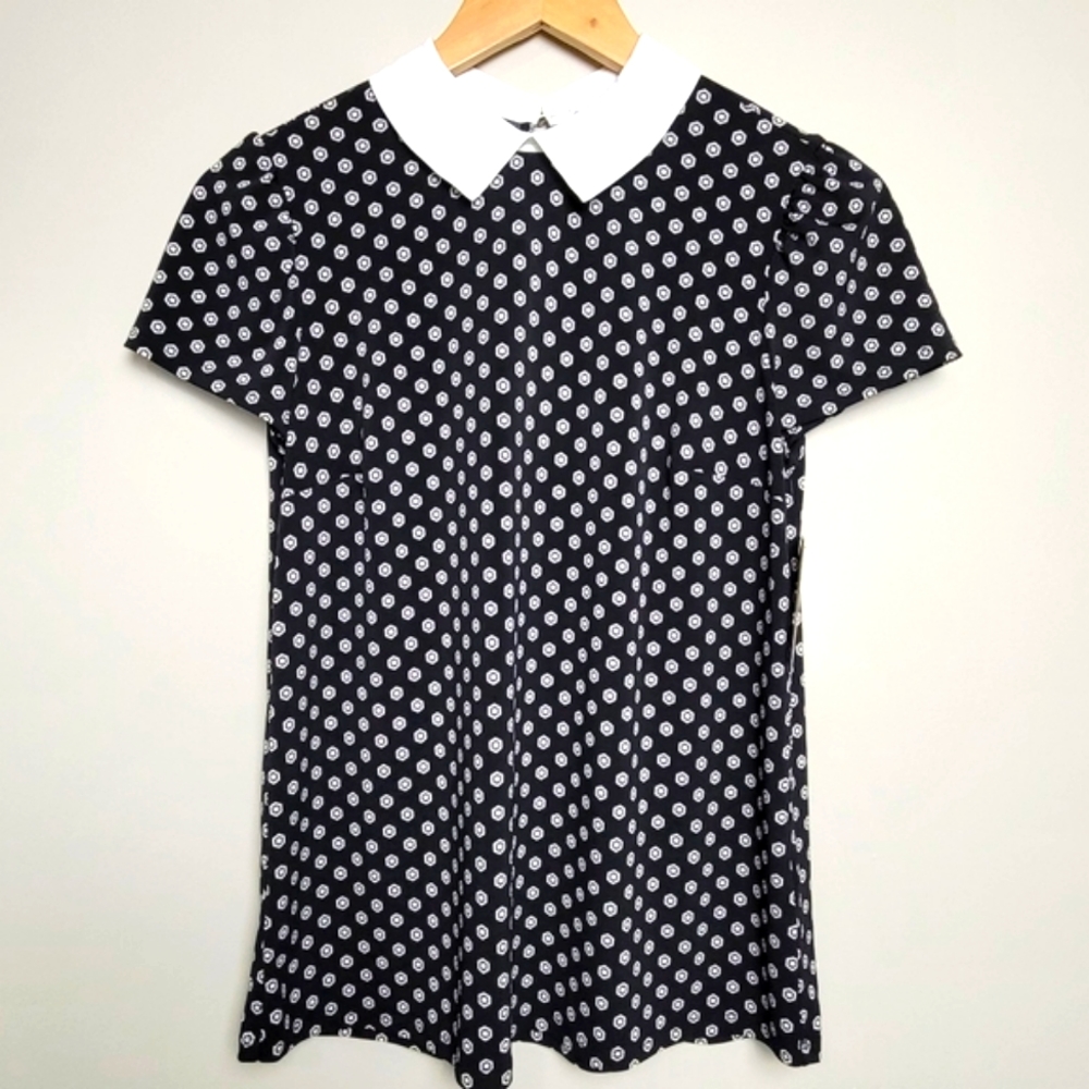 Cece Short Sleeve Black & White Peter Pan Collar Dot Short Sleeve Size XS Top